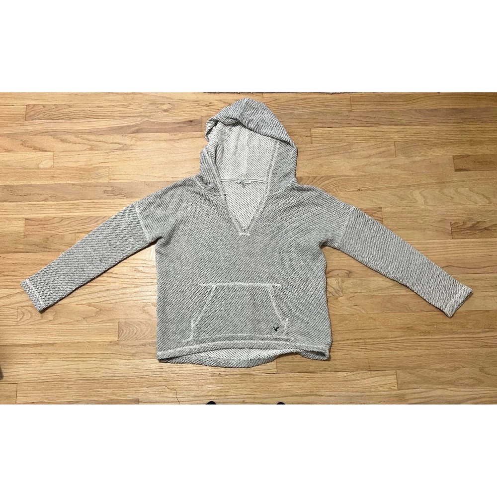 American Eagle Mens Grey Birdseye Knit Baja Hoodie Pullover Sweater Kangaroo Pkt
